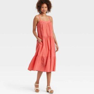 NWT Knox Rose Tiered Gauzy Dress Sleeveless A-line Pockets Coral Pink Sz XL.